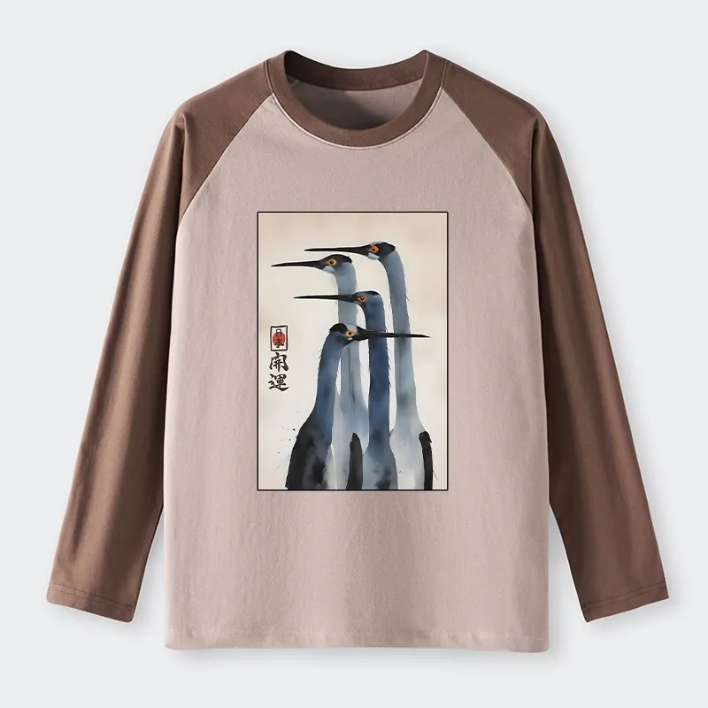 Tokyo-Tiger Retro Sandhill Crane Raglan Long Sleeve T-shirt