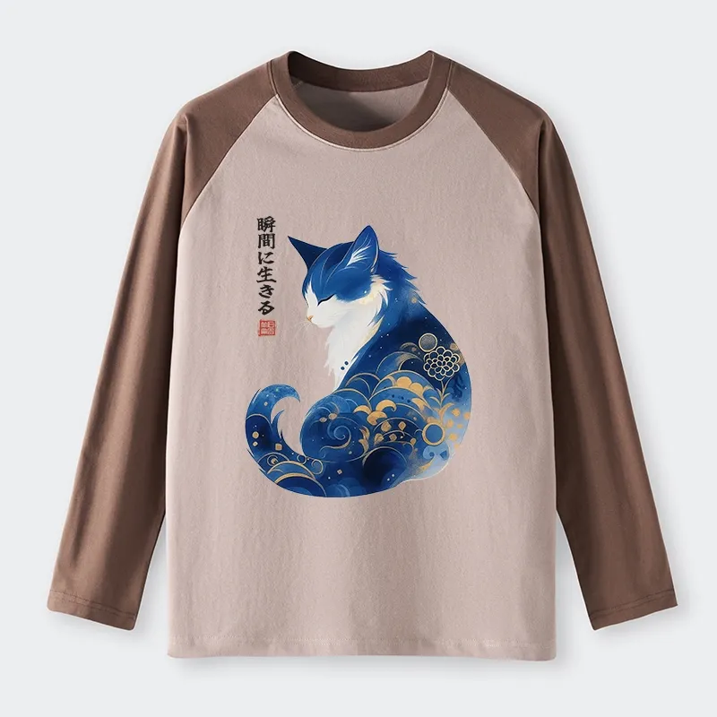 Tokyo-Tiger Retro Zen Cat: Living the Present Raglan Long Sleeve T-shirt