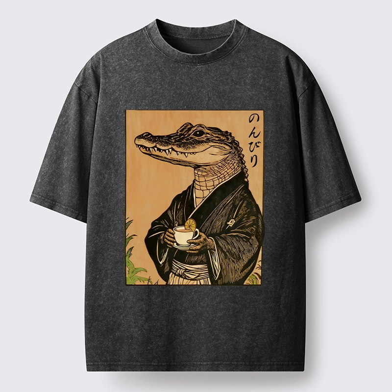 Tokyo-Tiger Alligator In Kimono Drinking Tea Washed T-Shirt