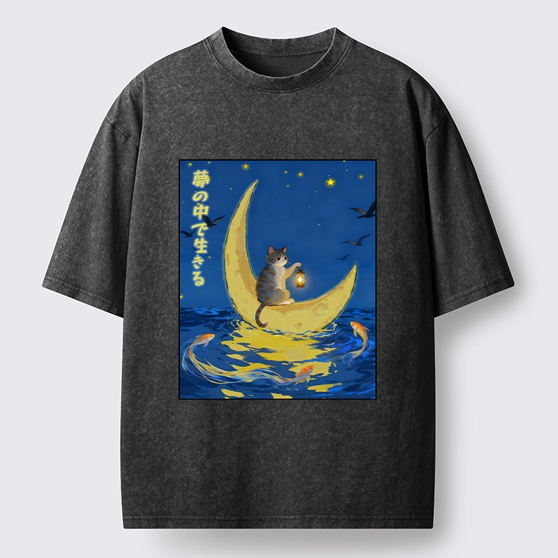 Tokyo-Tiger Cat On Moon Boat Over Sea Washed T-Shirt