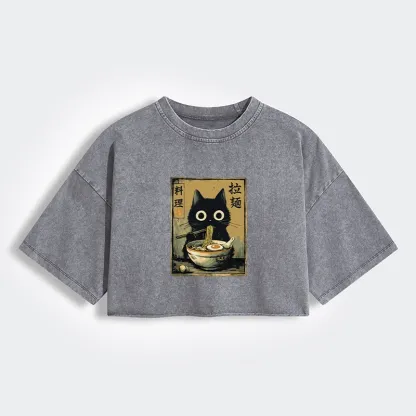 Tokyo-Tiger Cute Black Cat Eating Ramen Japan Women's Washed Crop T-Shirt