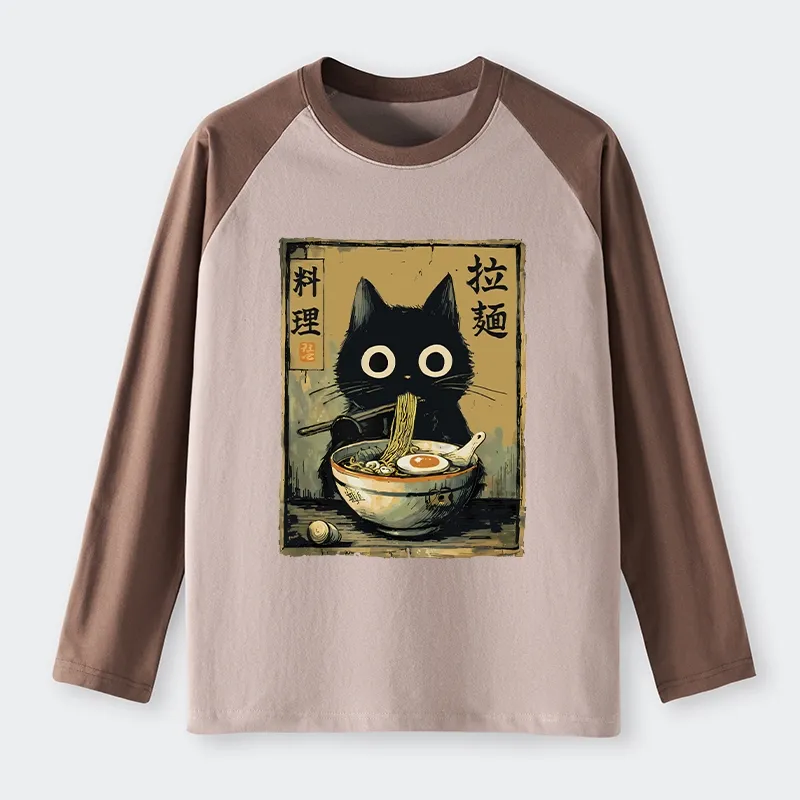 Tokyo-Tiger Cute Black Cat Eating Ramen Japan Raglan Long Sleeve T-shirt
