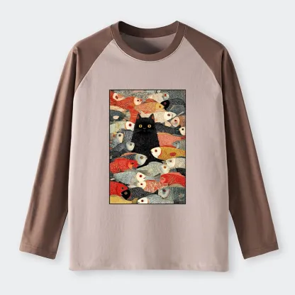 Tokyo-Tiger Cats And Fish Raglan Long Sleeve T-shirt