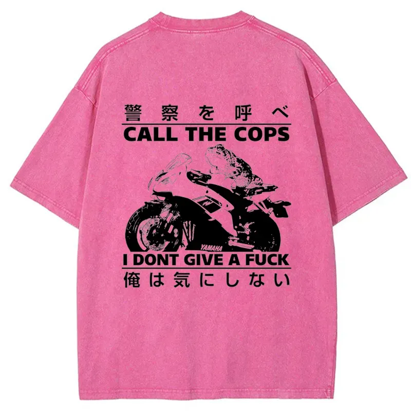 Tokyo-Tiger Funny Frog Riding A Motorcycle Back Washed T-Shirt