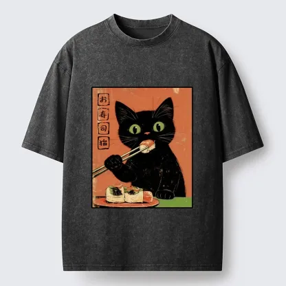 Tokyo-Tiger Japanese Style Sushi Cat Art Washed T-Shirt