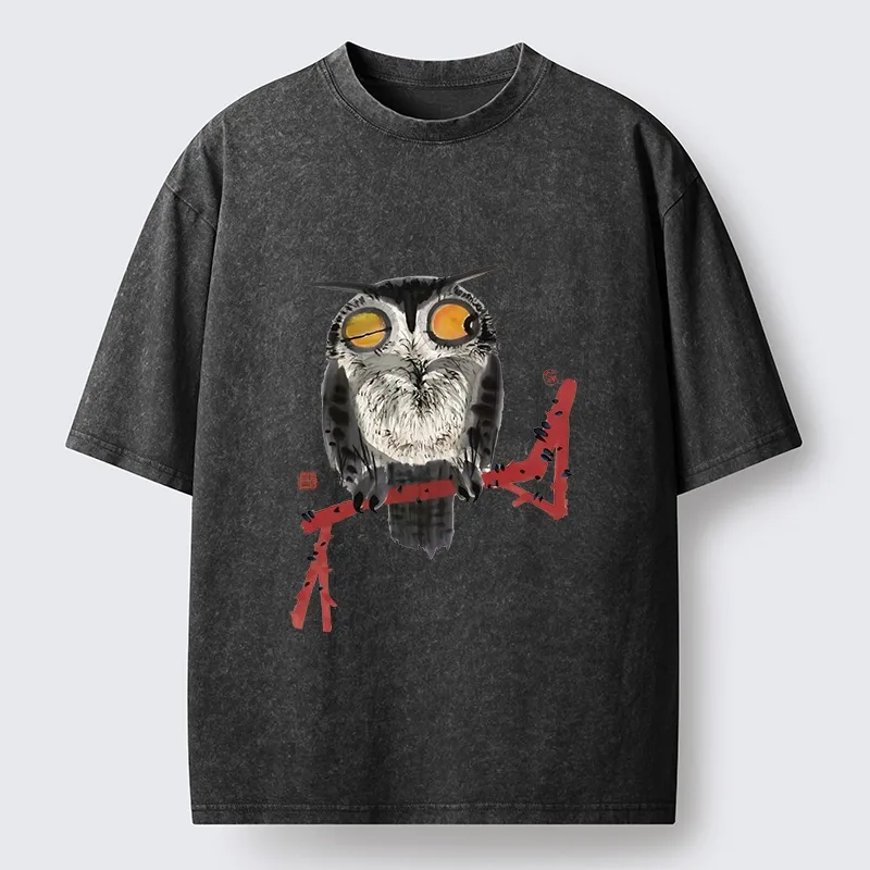 Tokyo-Tiger Ink Wash Owl On Red Branch Washed T-Shirt