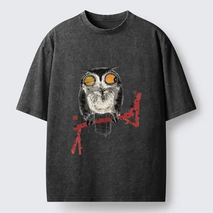 Tokyo-Tiger Ink Wash Owl On Red Branch Washed T-Shirt