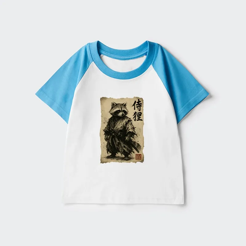 Tokyo-Tiger Retro Raccoon Samurai Kids Raglan T-shirt