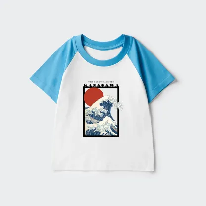 Tokyo-Tiger Minimalist Ukiyo-e Waves Kids Raglan T-shirt