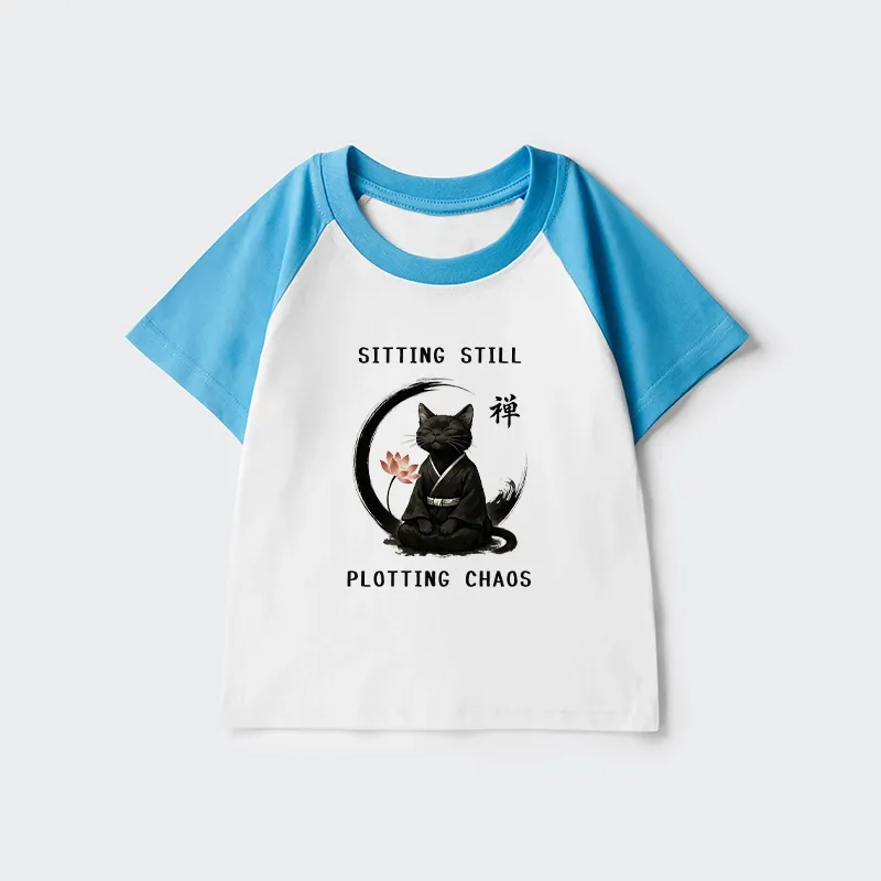 Tokyo-Tiger Sitting still  plotting chaos Calming Zen Cat Funny Kids Raglan T-shirt