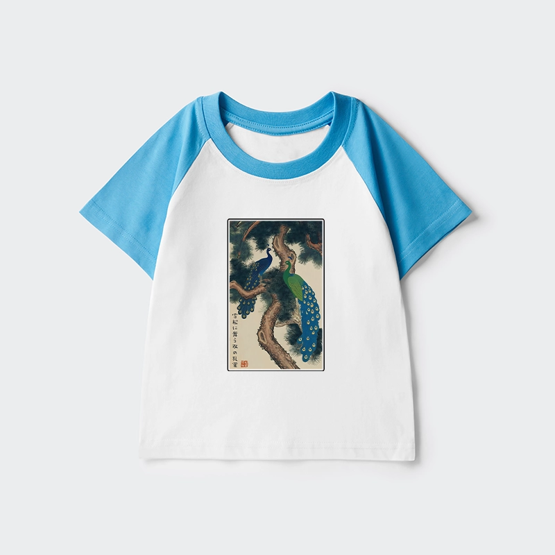 Tokyo-Tiger Peacocks in Snowy Pines Kids Raglan T-shirt