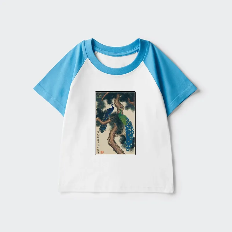 Tokyo-Tiger Peacocks in Snowy Pines Kids Raglan T-shirt