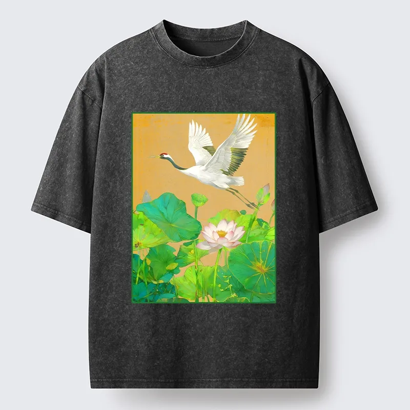 Tokyo-Tiger Crane Flying Over Lotus Art Washed T-Shirt