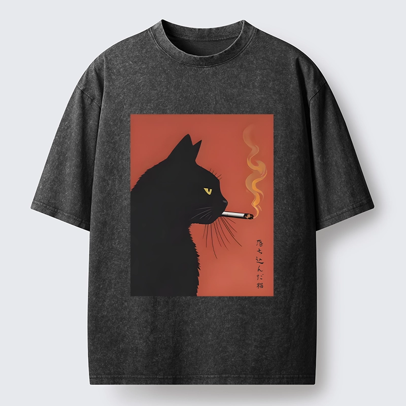 Tokyo-Tiger Black Cat With Cigarette Washed T-Shirt
