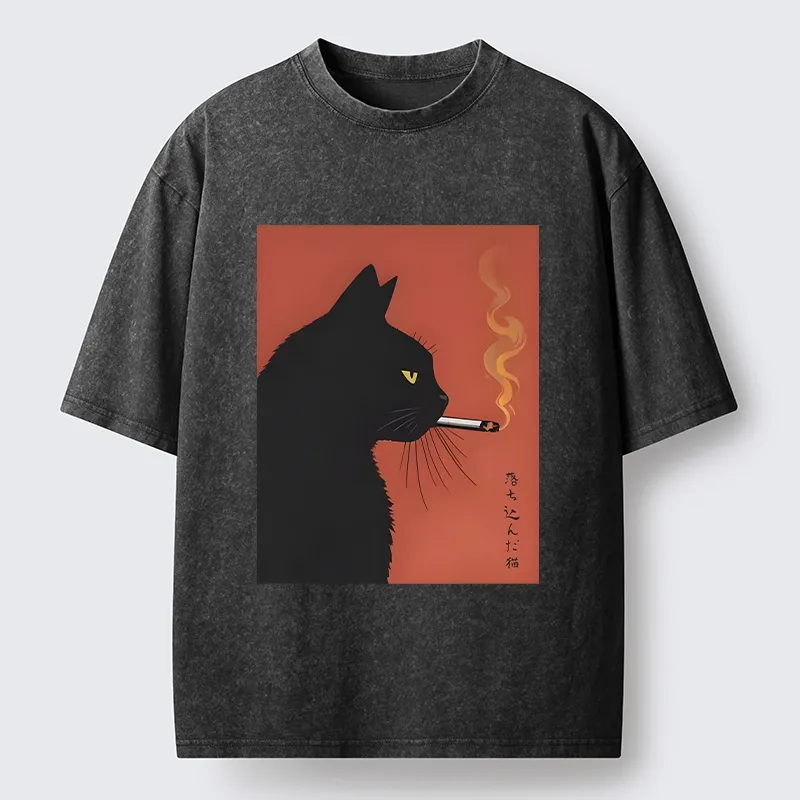 Tokyo-Tiger Black Cat With Cigarette Washed T-Shirt