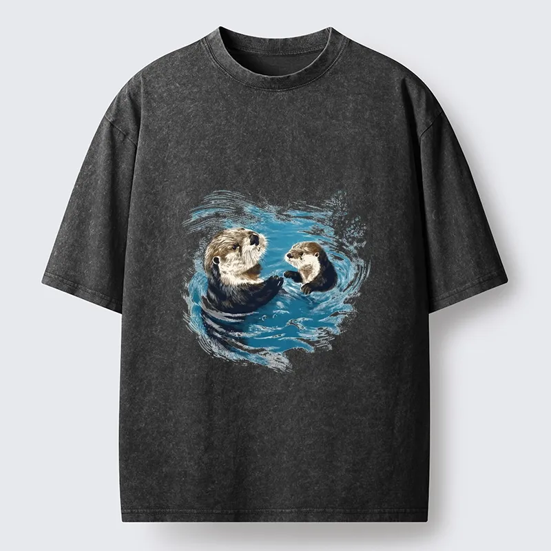 Tokyo-Tiger Meme Cute Otter Pair In Water Washed T-Shirt
