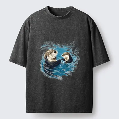 Tokyo-Tiger Meme Cute Otter Pair In Water Washed T-Shirt