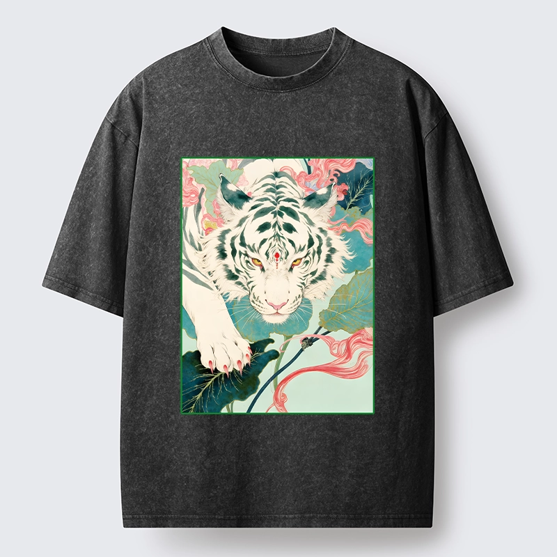 Tokyo-Tiger Oriental White Tiger Art Washed T-Shirt