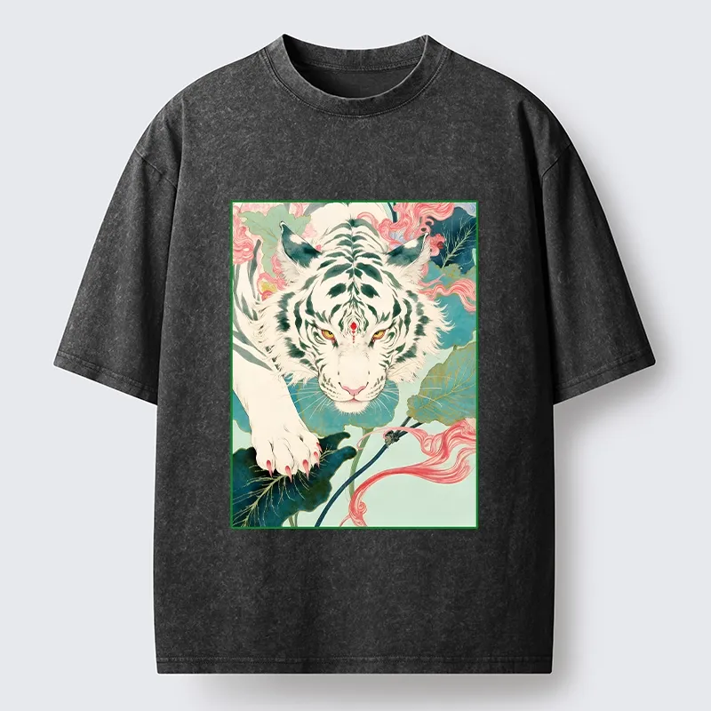 Tokyo-Tiger Oriental White Tiger Art Washed T-Shirt
