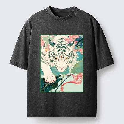Tokyo-Tiger Oriental White Tiger Art Washed T-Shirt