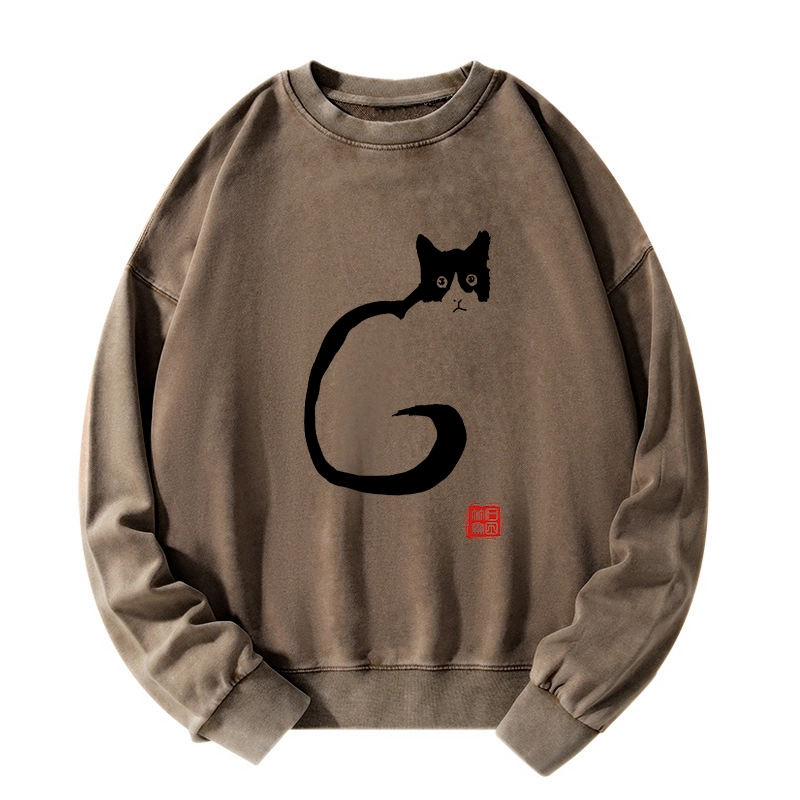 Tokyo-Tiger Calm Cat In Simple Lines Washed Sweatshirt