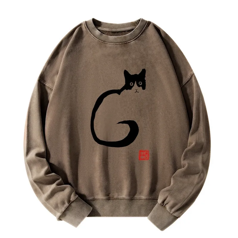 Tokyo-Tiger Calm Cat In Simple Lines Washed Sweatshirt