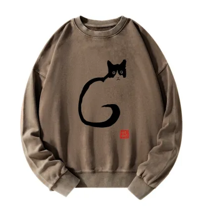 Tokyo-Tiger Calm Cat In Simple Lines Washed Sweatshirt