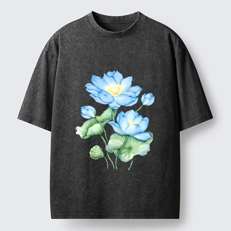 Tokyo-Tiger Calm Blue Water Lily Vibes Washed T-Shirt Sale