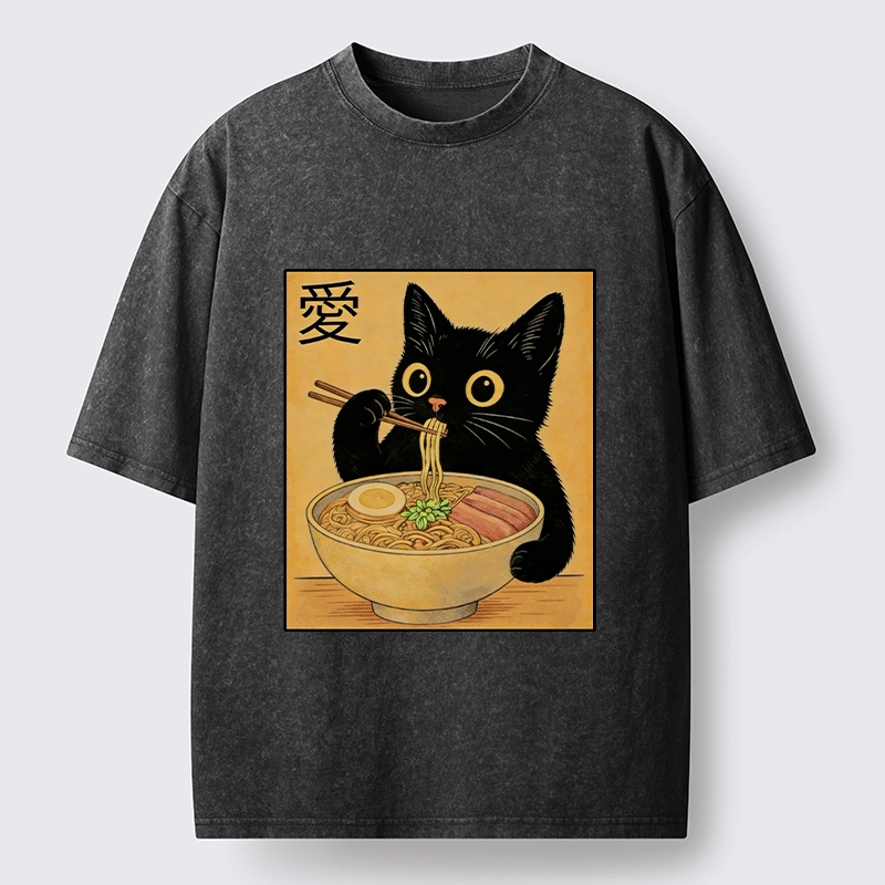 Tokyo-Tiger Cute Cat Eating Ramen Meme Washed T-Shirt
