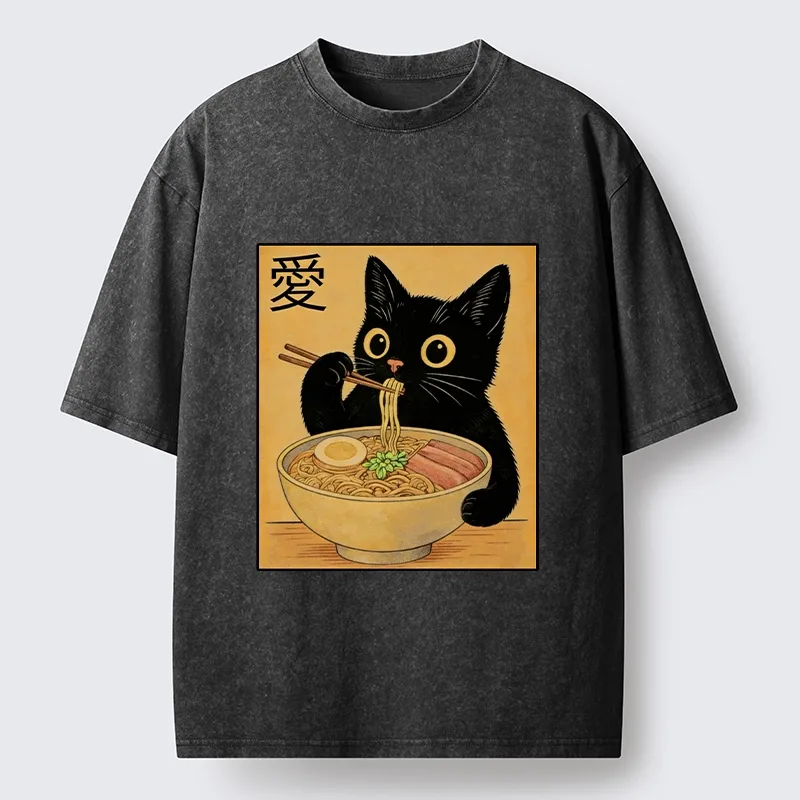 Tokyo-Tiger Cute Cat Eating Ramen Meme Washed T-Shirt Sale
