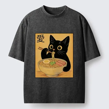 Tokyo-Tiger Cute Cat Eating Ramen Meme Washed T-Shirt