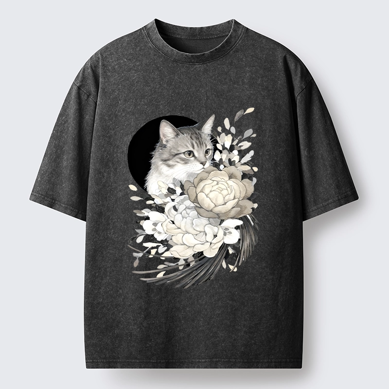 Tokyo-Tiger Graceful Cat In Floral Bouquet Washed T-Shirt
