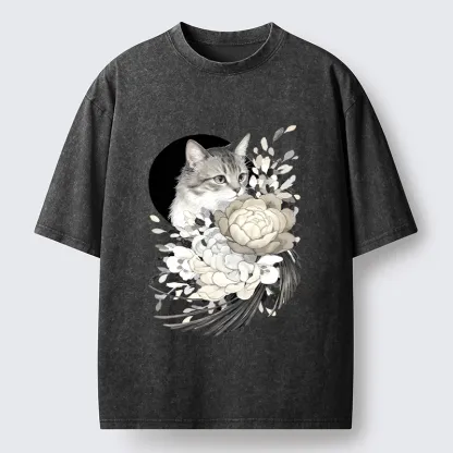 Tokyo-Tiger Graceful Cat In Floral Bouquet Washed T-Shirt