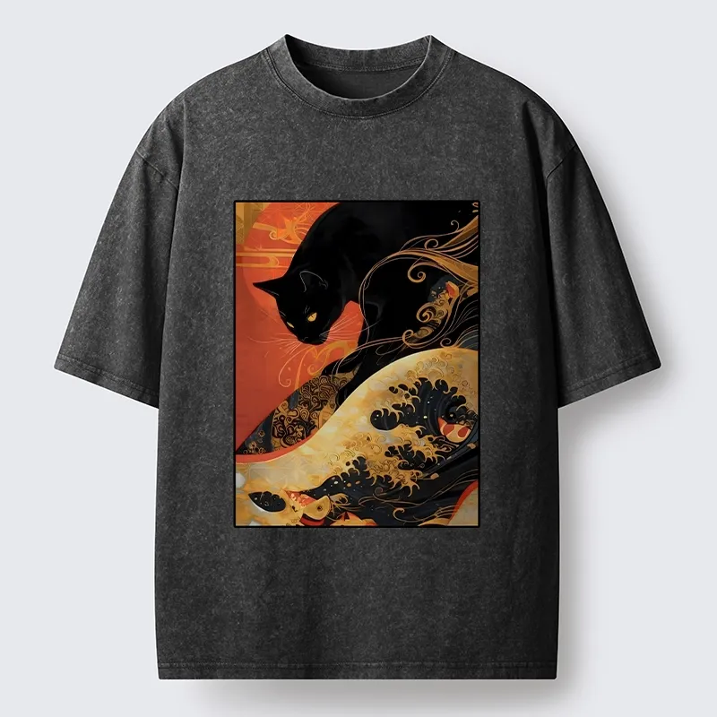Tokyo-Tiger Japanese Style Black Cat Washed T-Shirt