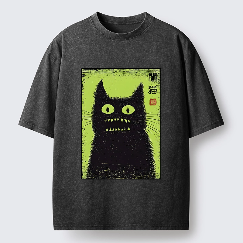 Tokyo-Tiger Spooky Black Cat Japanese Washed T-Shirt
