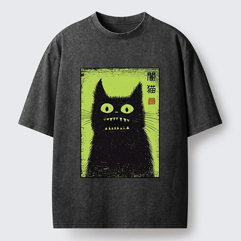 Tokyo-Tiger Spooky Black Cat Japanese Washed T-Shirt Sale