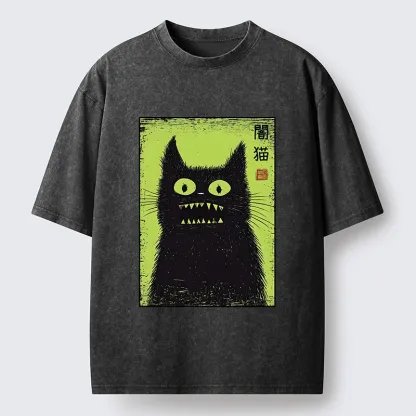 Tokyo-Tiger Spooky Black Cat Japanese Washed T-Shirt