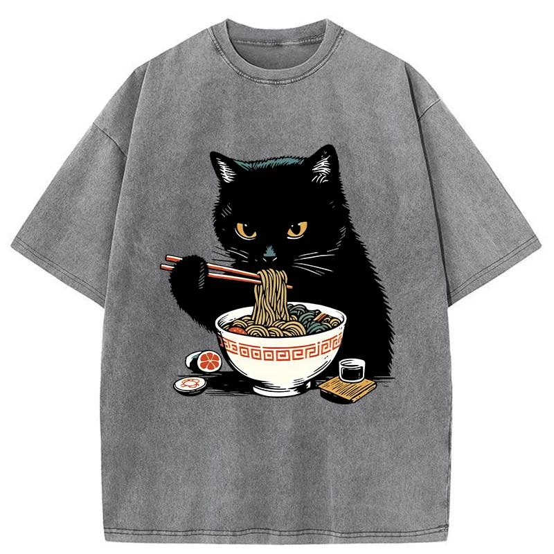 Tokyo-Tiger Cat Eating Favorite Ramen Washed T-Shirt