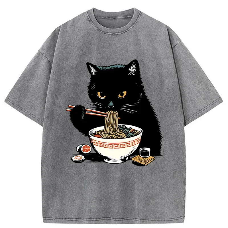 Tokyo-Tiger Cat Eating Favorite Ramen Washed T-Shirt