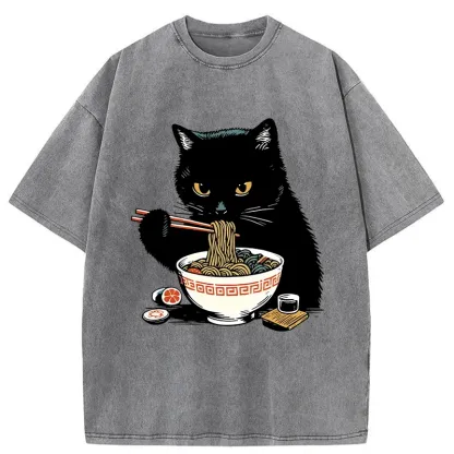 Tokyo-Tiger Cat Eating Favorite Ramen Washed T-Shirt