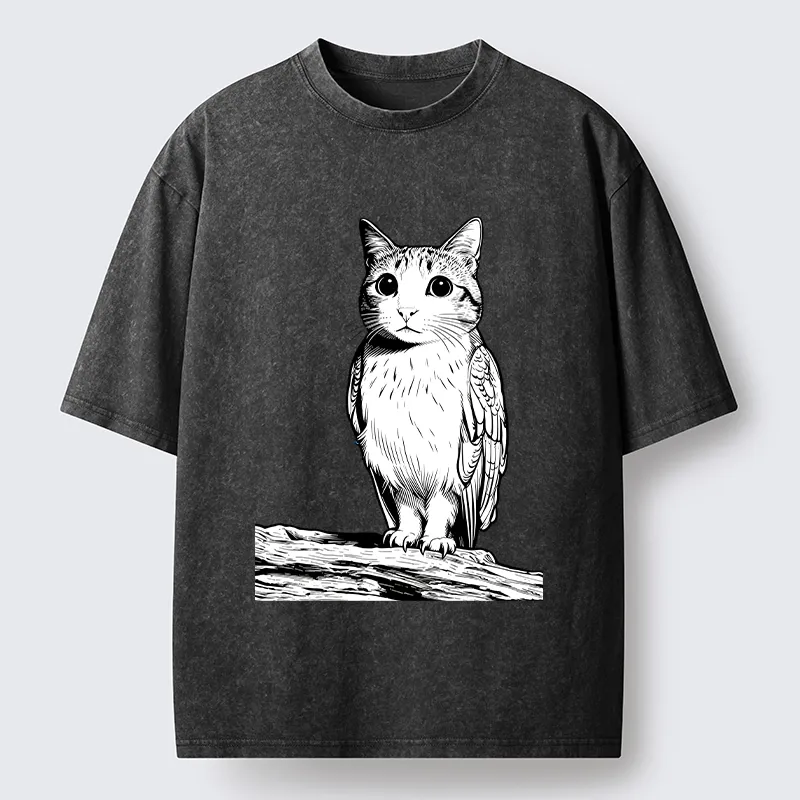 Tokyo-Tiger Funny Cat Owl Fusion Art Washed T-Shirt Sale
