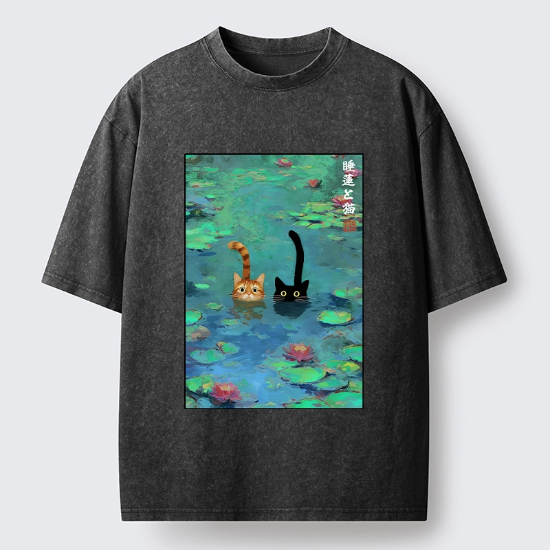 Tokyo-Tiger Funny Cats Swimming In Lilies Washed T-Shirt