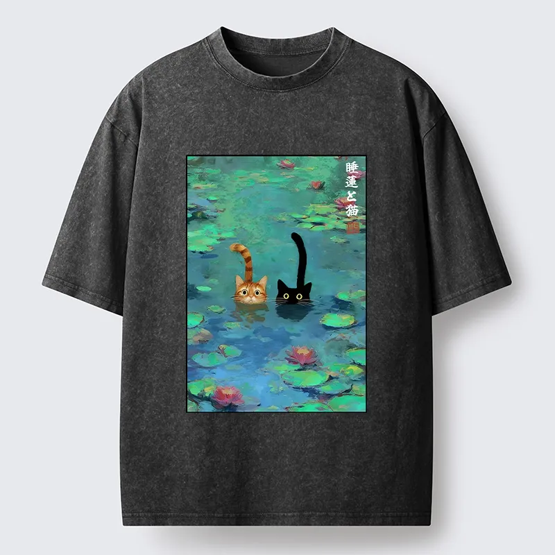 Tokyo-Tiger Funny Cats Swimming In Lilies Washed T-Shirt