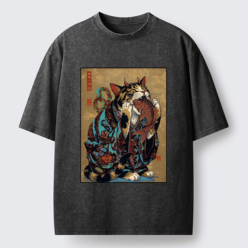 Tokyo-Tiger Samurai Cat Eating Fish Washed T-Shirt