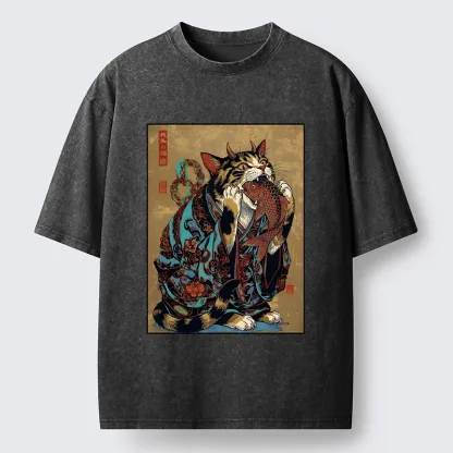 Tokyo-Tiger Samurai Cat Eating Fish Washed T-Shirt