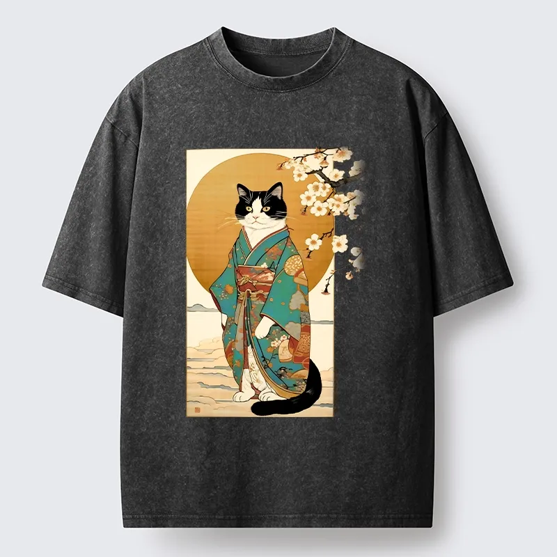 Tokyo-Tiger Elegant Cat In Traditional Kimono Washed T-Shirt