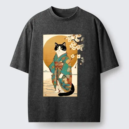 Tokyo-Tiger Elegant Cat In Traditional Kimono Washed T-Shirt
