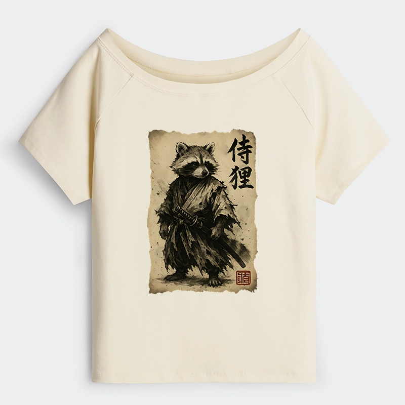 Tokyo-Tiger Retro Raccoon Samurai Off Shoulder T-Shirt