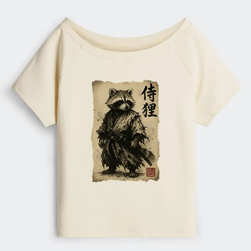Tokyo-Tiger Retro Raccoon Samurai Off Shoulder T-Shirt