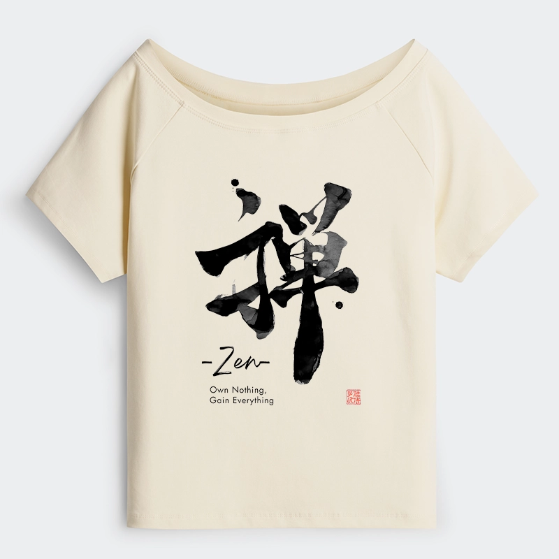 Tokyo-Tiger Zen Texts Off Shoulder T-Shirt